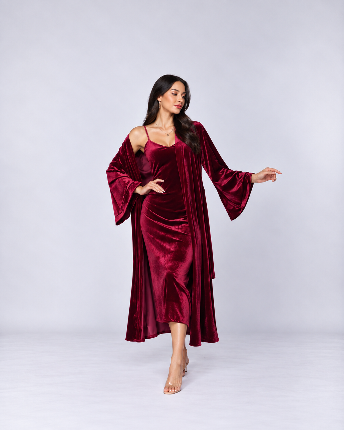 Women’s Black Velvet Slip Dress & Long Robe Set – Luxury Two-Piece Loungewear for Autumn & Winter