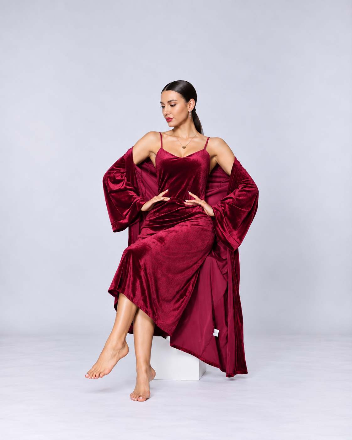 Women’s Black Velvet Slip Dress & Long Robe Set – Luxury Two-Piece Loungewear for Autumn & Winter