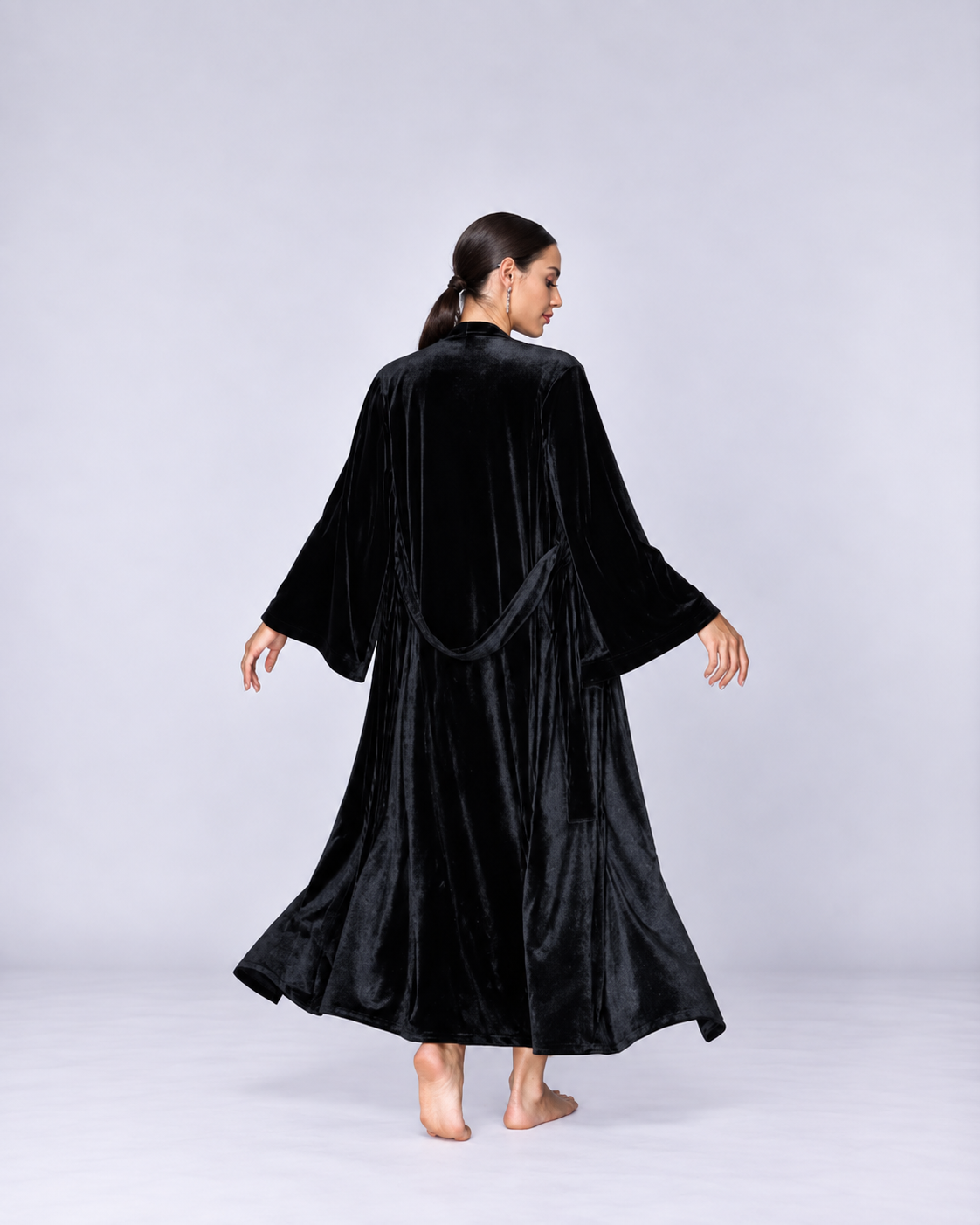 Women’s Black Velvet Slip Dress & Long Robe Set – Luxury Two-Piece Loungewear for Autumn & Winter
