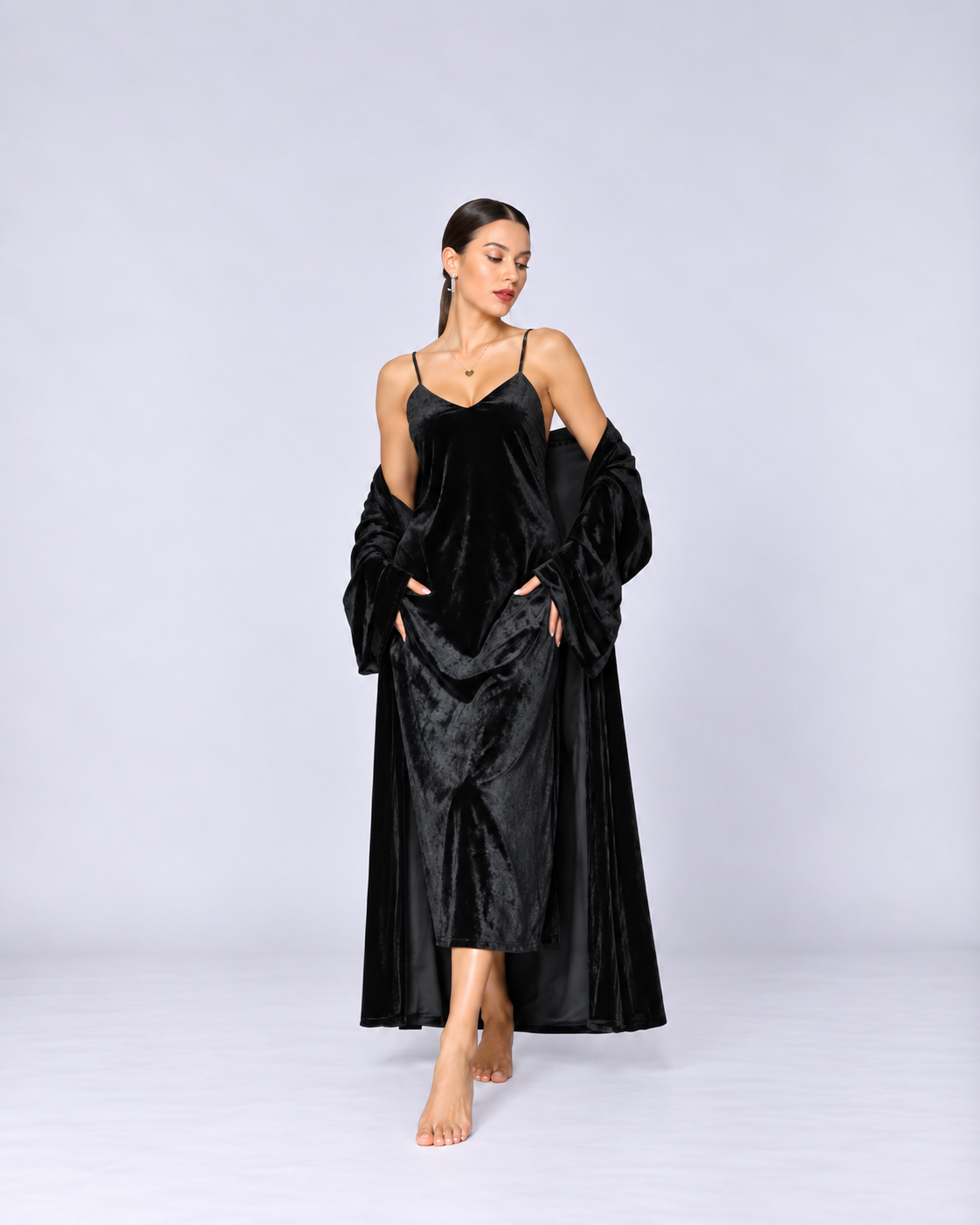 Women’s Black Velvet Slip Dress & Long Robe Set – Luxury Two-Piece Loungewear for Autumn & Winter