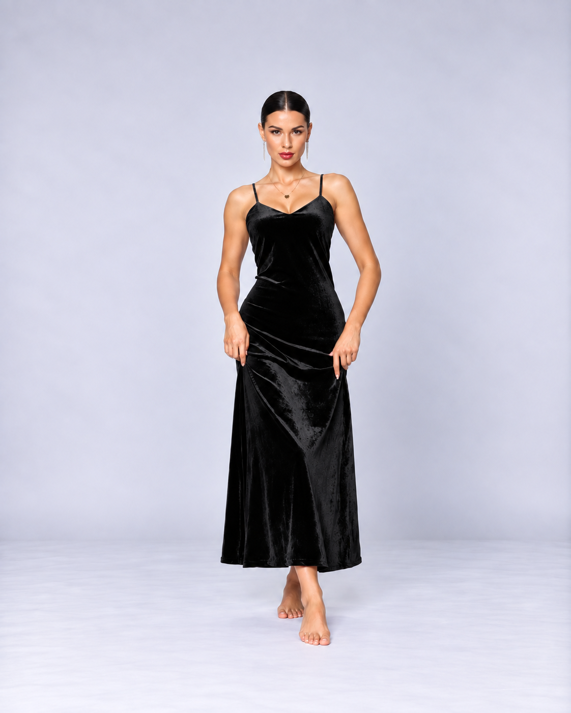 Women’s Black Velvet Slip Dress & Long Robe Set – Luxury Two-Piece Loungewear for Autumn & Winter
