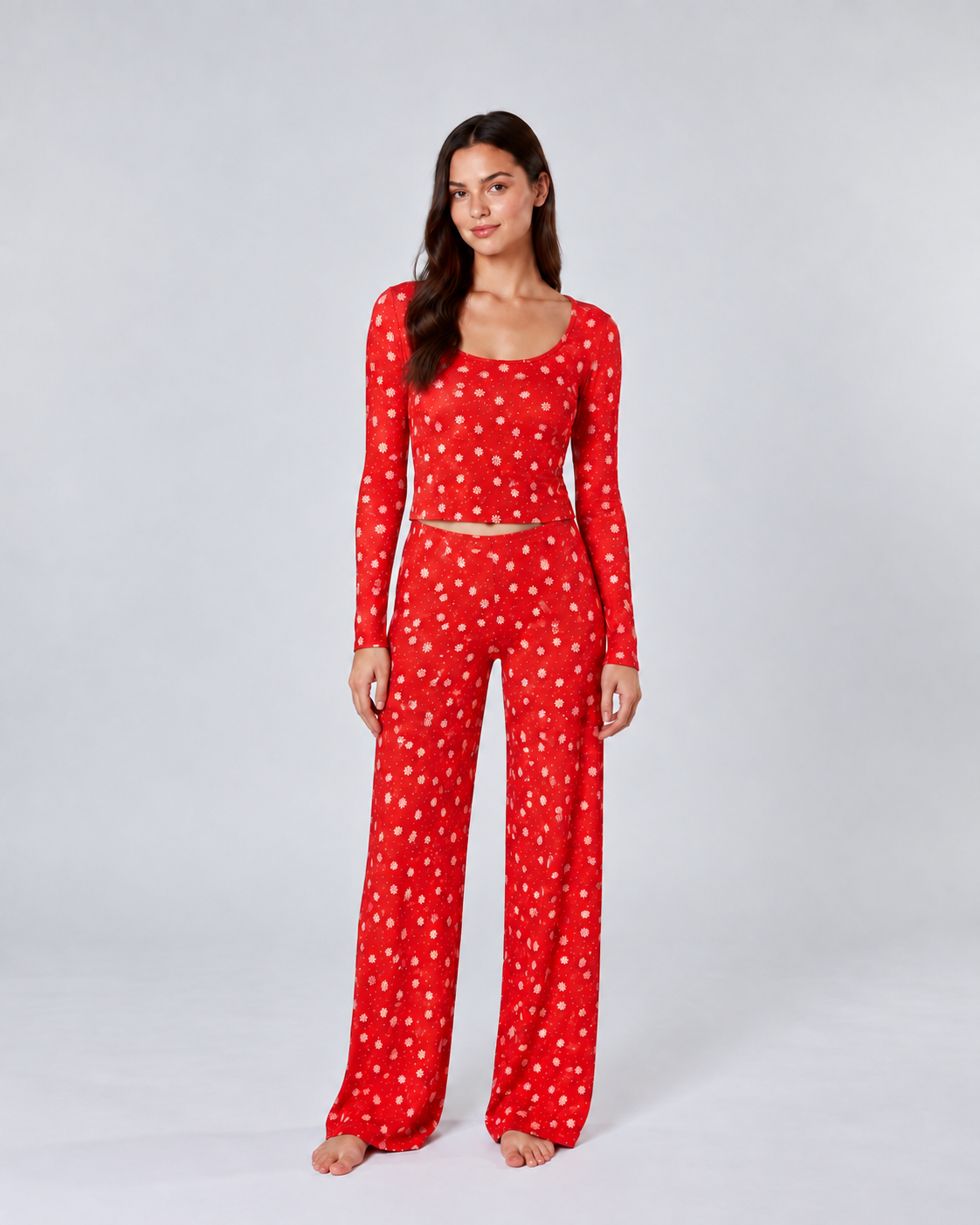 Women’s Red Heart Print Long Sleeve Pajama Set – Soft Lounge Sleepwear