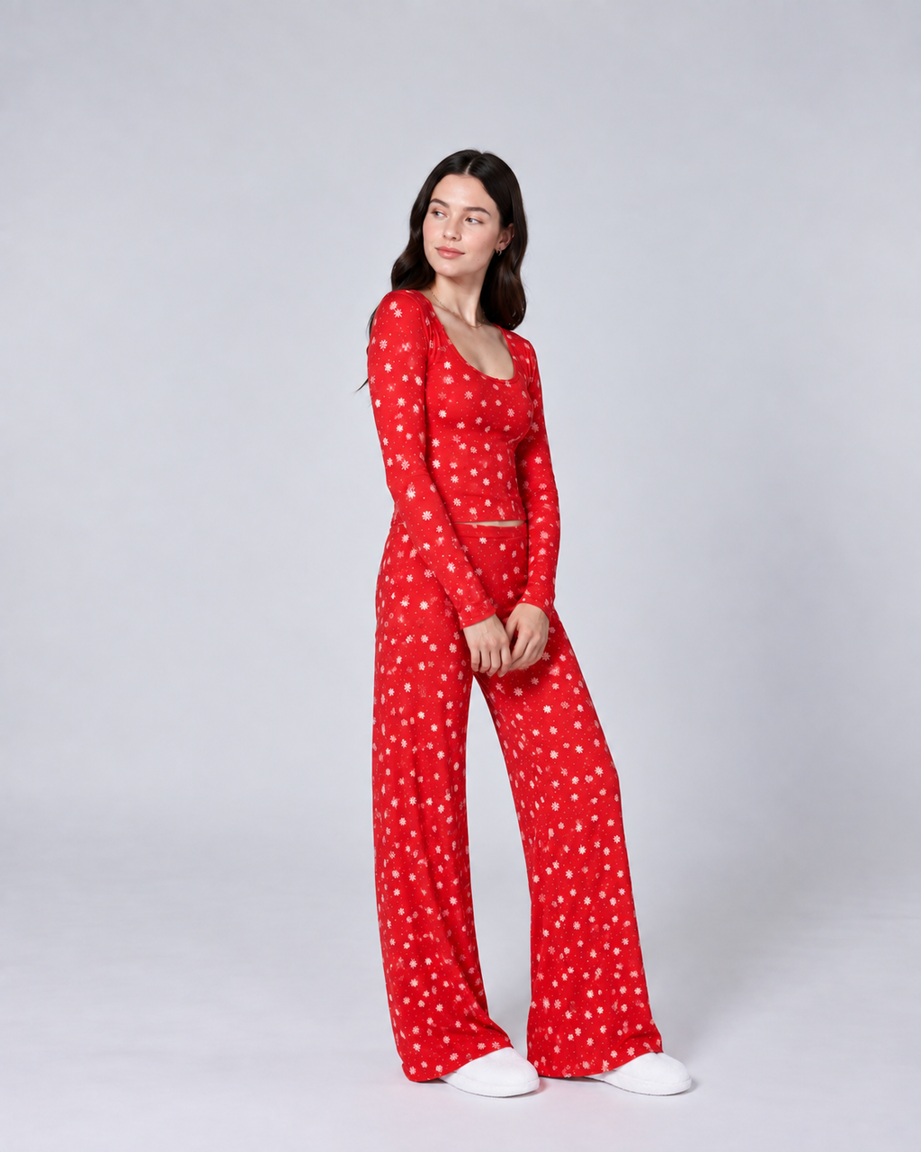 Women’s Red Heart Print Long Sleeve Pajama Set – Soft Lounge Sleepwear