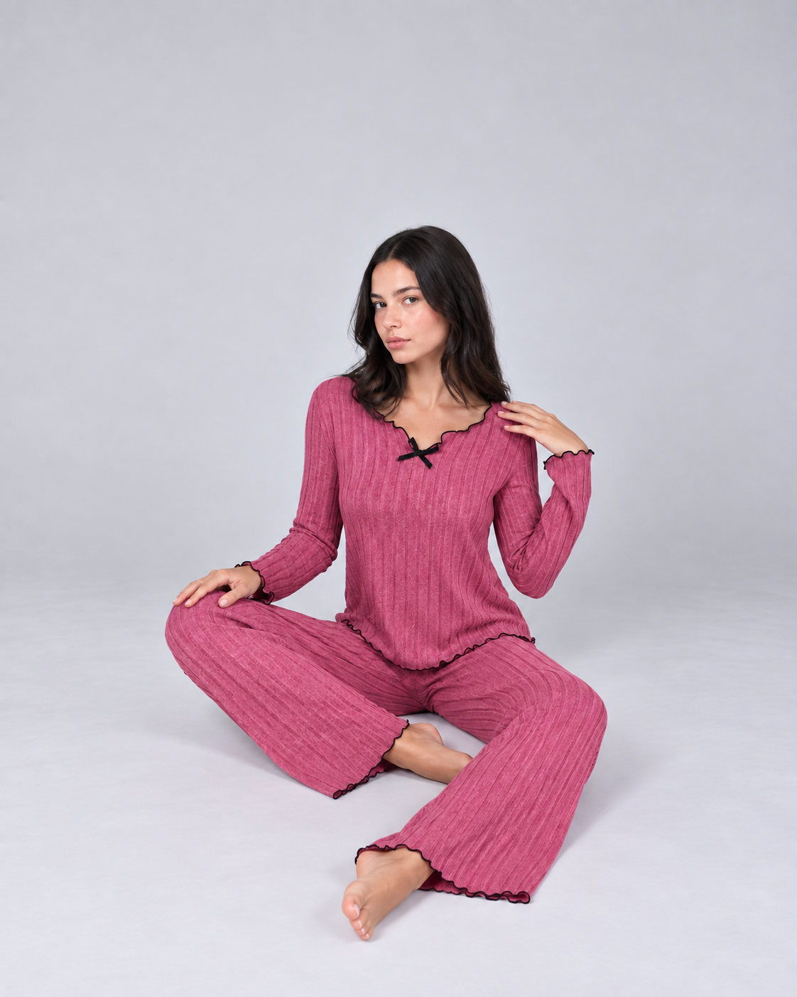 Women’s Ribbed Pajama Set – Long Sleeve Top & Wide-Leg Pants