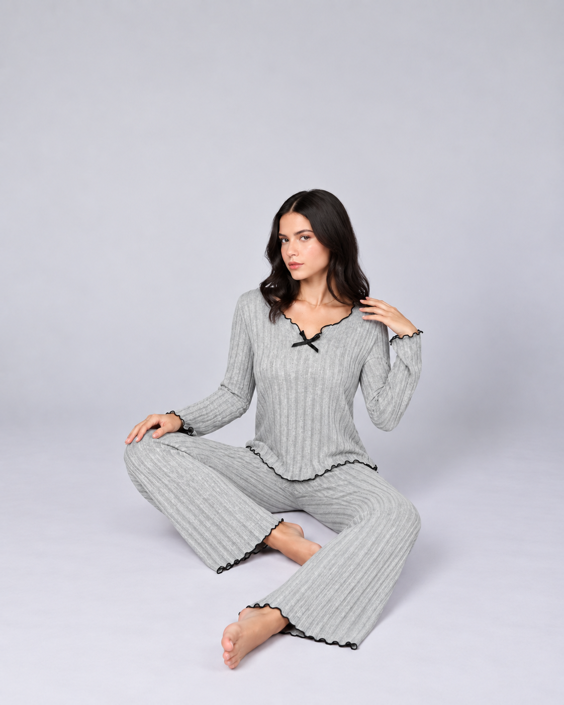 Women’s Ribbed Pajama Set – Long Sleeve Top & Wide-Leg Pants