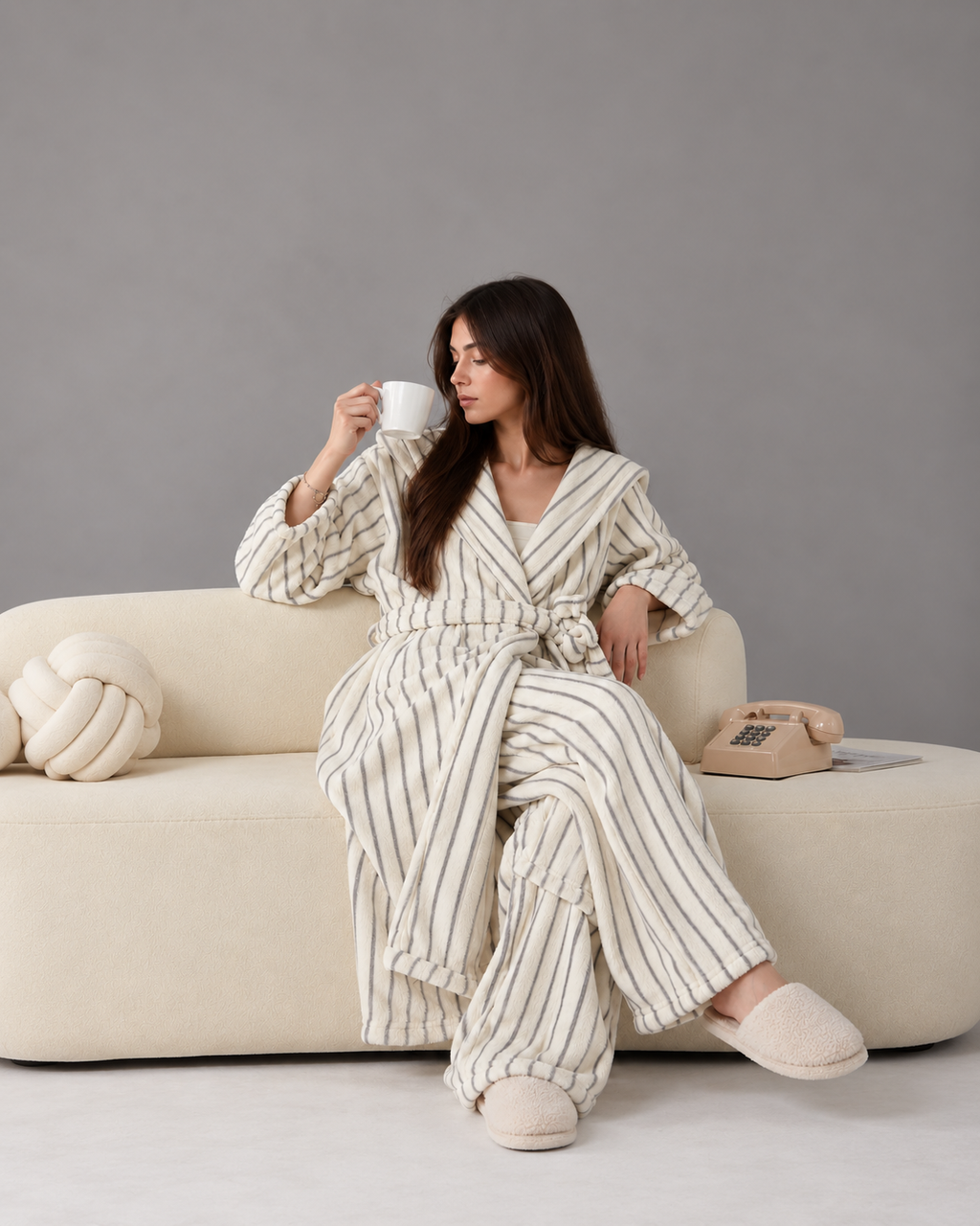 Women’s Hooded Flannel Robe – Warm Striped Winter Lounge Set