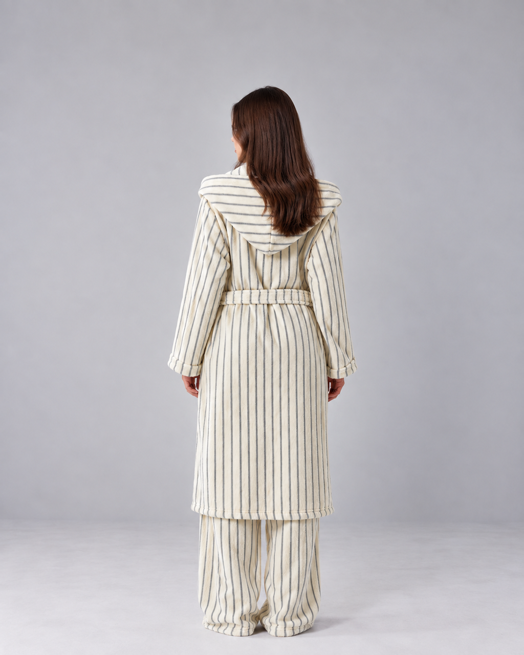 Women’s Hooded Flannel Robe – Warm Striped Winter Lounge Set