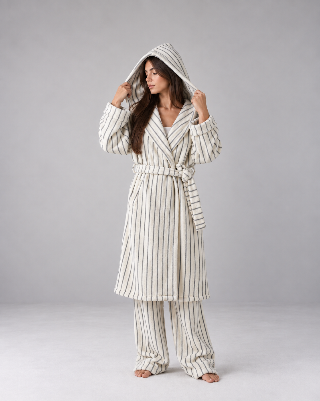 Women’s Hooded Flannel Robe – Warm Striped Winter Lounge Set