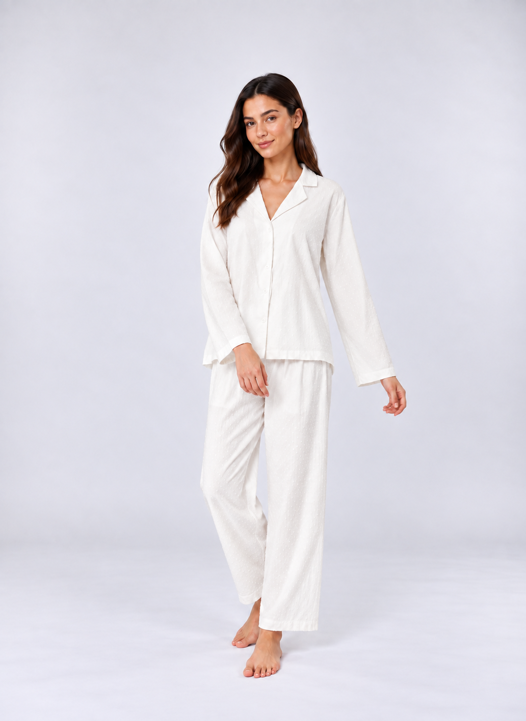 Elegant White Jacquard Pajama Set – Lapel Button-Up Shirt & Relaxed Pants