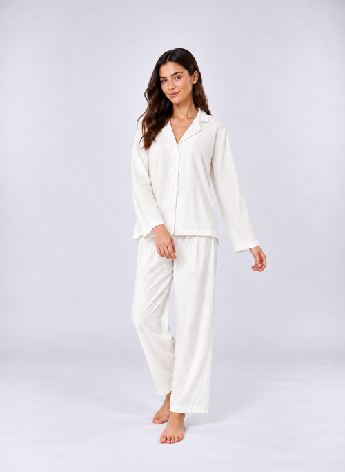 Elegant White Jacquard Pajama Set – Lapel Button-Up Shirt & Relaxed Pants