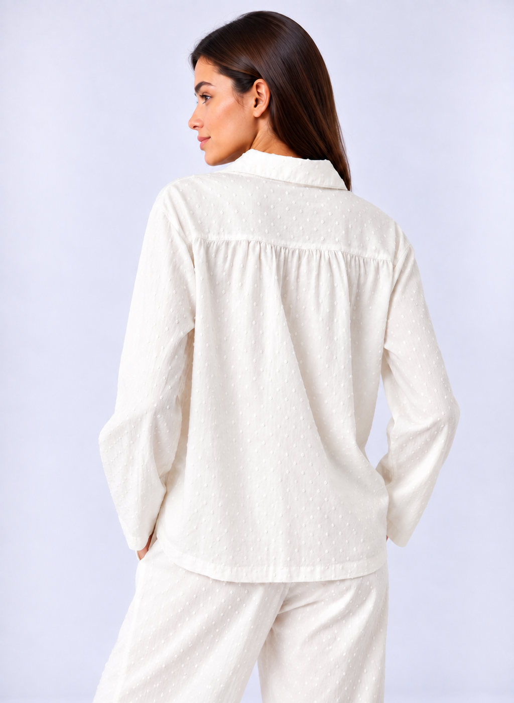 Elegant White Jacquard Pajama Set – Lapel Button-Up Shirt & Relaxed Pants
