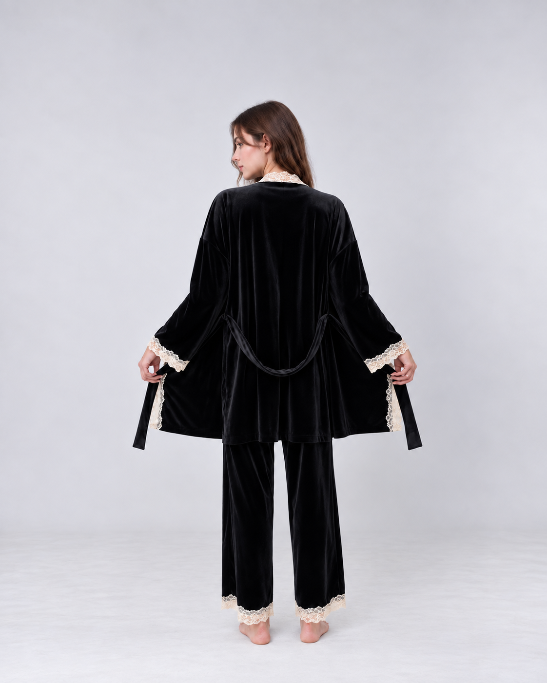 Luxury Black Velvet Lace Three-Piece Set – Elegant Corset Top, Robe & Pants
