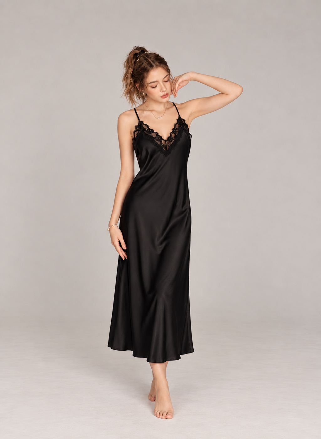 Women’s 2-Piece Satin Nightgown & Robe Set – V-Neck Lace Trim Loungewear