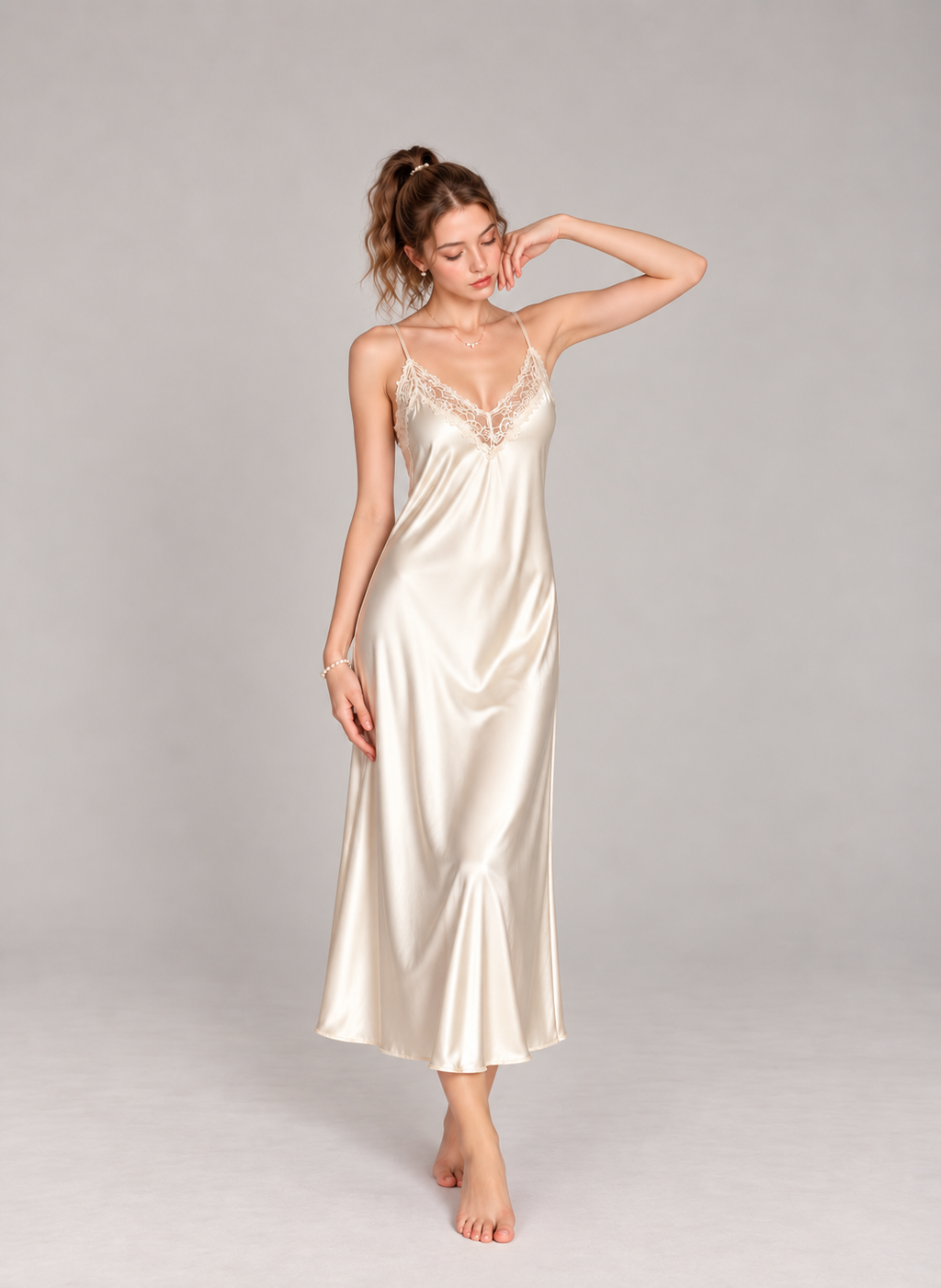 Women’s 2-Piece Satin Nightgown & Robe Set – V-Neck Lace Trim Loungewear