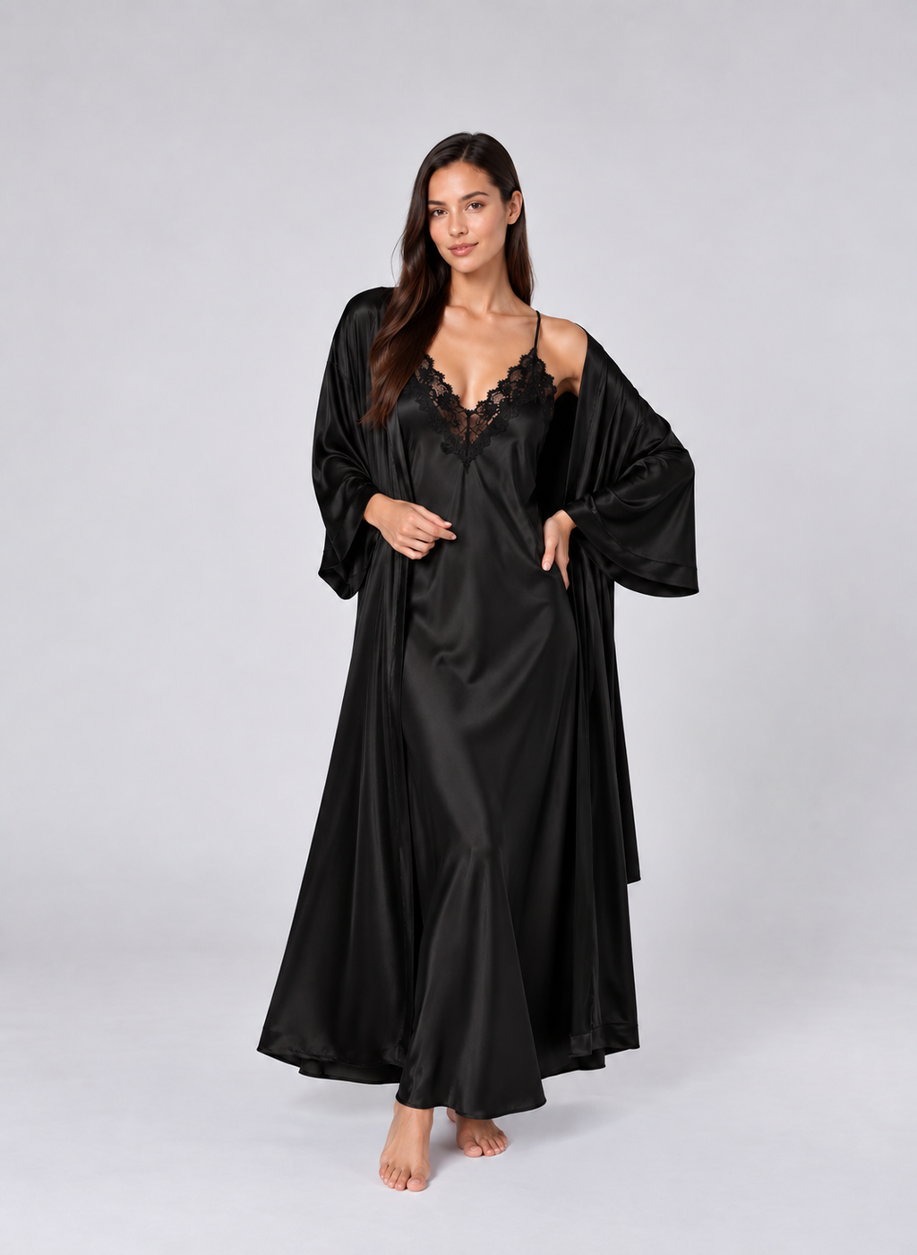 Women’s 2-Piece Satin Nightgown & Robe Set – V-Neck Lace Trim Loungewear