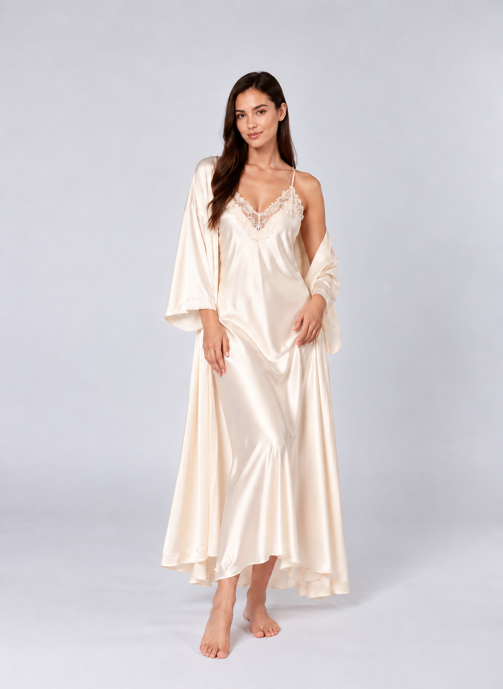 Women’s 2-Piece Satin Nightgown & Robe Set – V-Neck Lace Trim Loungewear