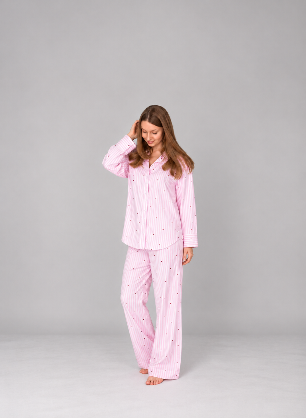 Women’s Striped Cotton Pajama Set – Long Sleeve Button-Down Top & Wide-Leg Pants