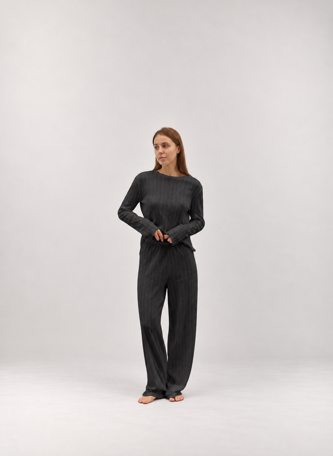 Women's Ribbed Lounge Set with Ruffle-Hem Pants