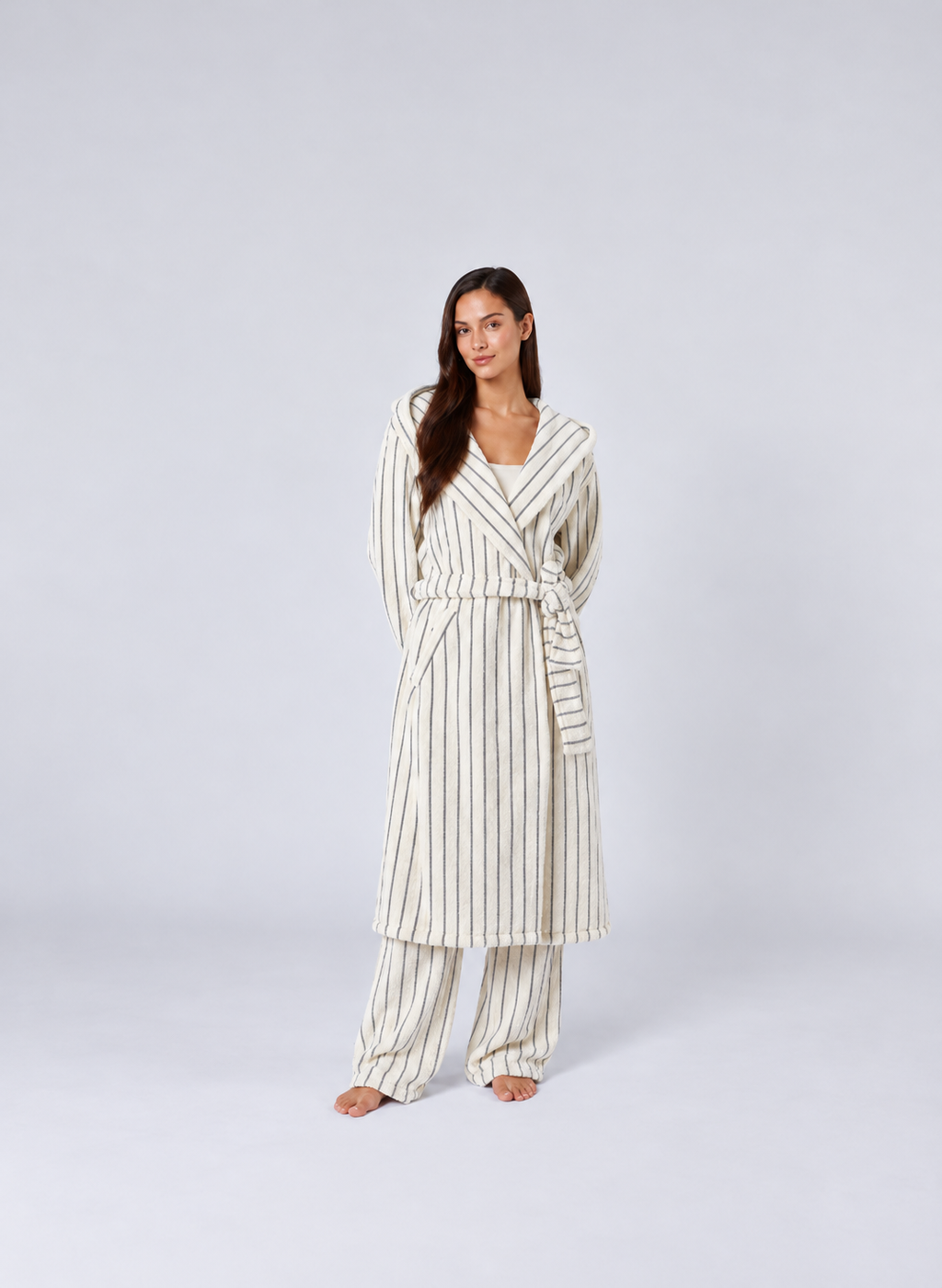 Women’s Striped Hooded Fleece Pajama Set – Long Sleeve Robe & Pants