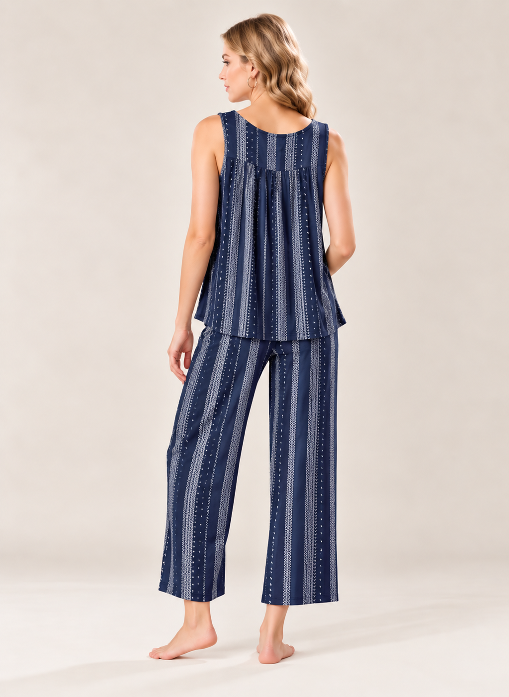 Women’s Cotton Striped Pajama Set – Sleeveless Top & Ankle-Length Pants