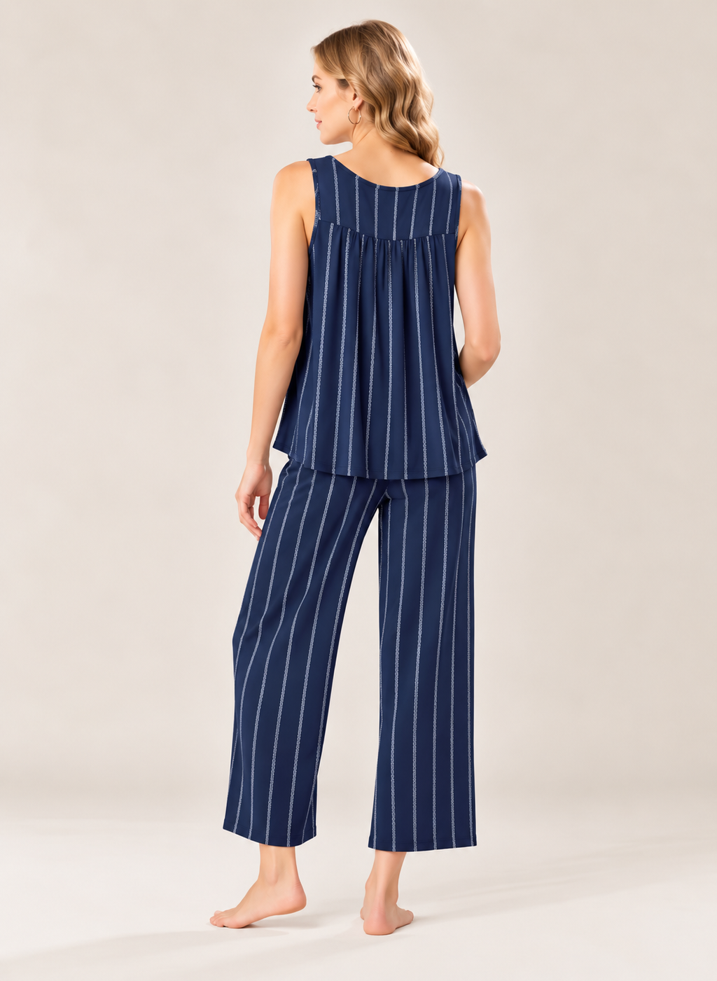 Women’s Cotton Striped Pajama Set – Sleeveless Top & Ankle-Length Pants