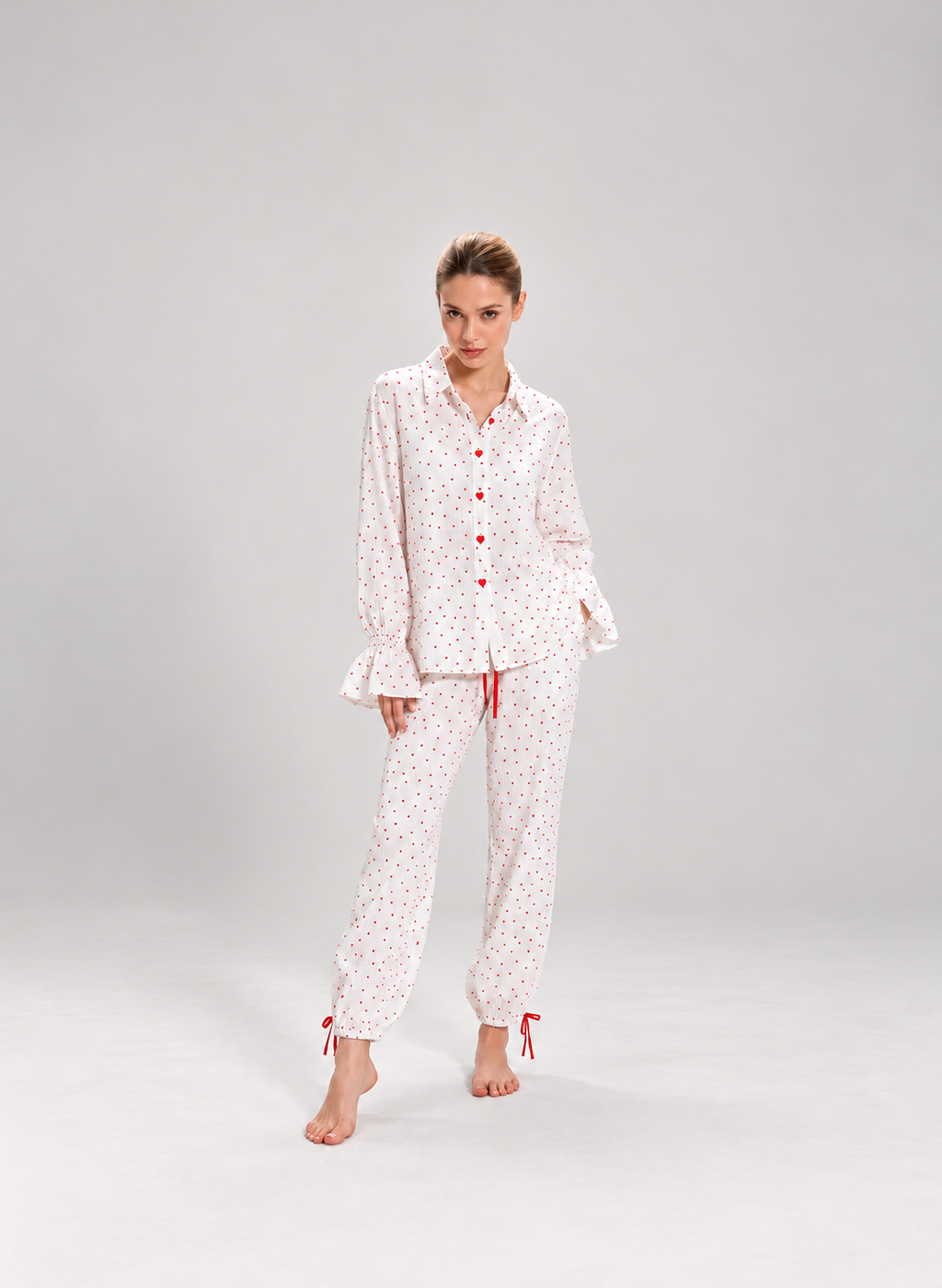 Red Heart Print Satin-Style Pajama Set