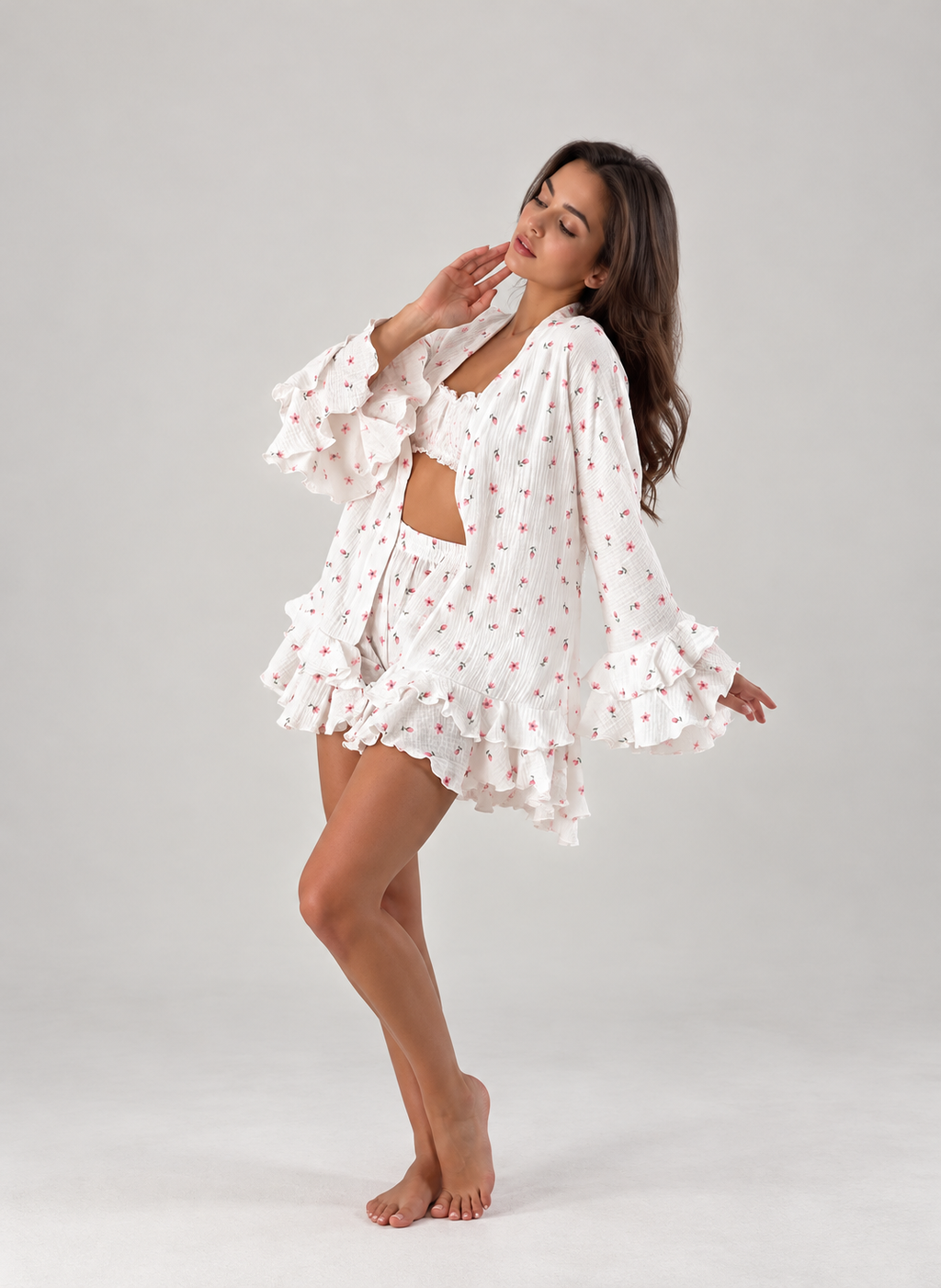 Women’s Cotton Floral Pajama Set – Ruffle Long Sleeve Top & Shorts