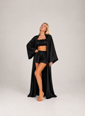 Elegant Satin 3-Piece Lounge Set – Long Robe, Crop Top & Wide-Leg Shorts