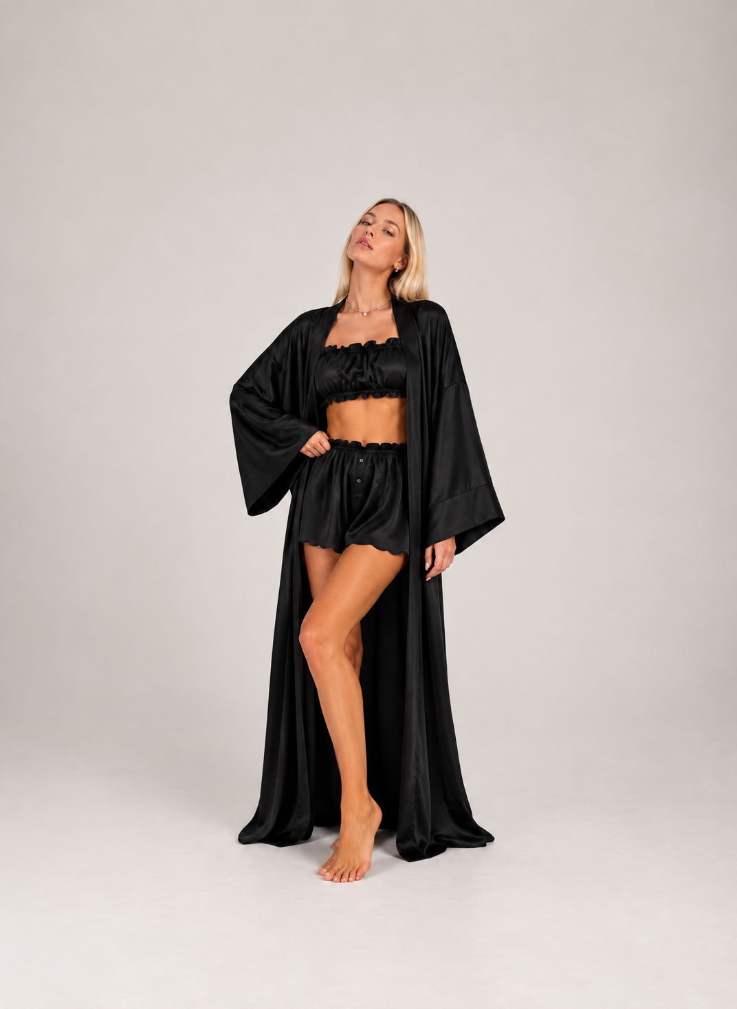 Elegant Satin 3-Piece Lounge Set – Long Robe, Crop Top & Wide-Leg Shorts