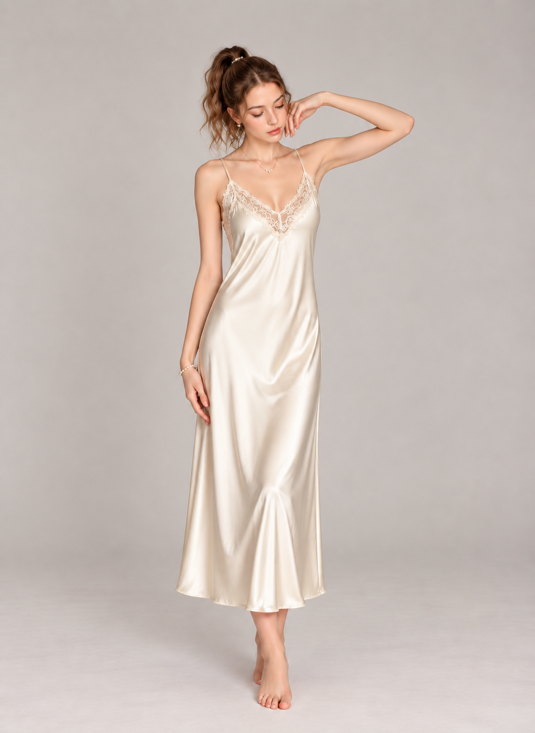 Women’s 2-Piece Satin Nightgown & Robe Set – V-Neck Lace Trim Loungewear