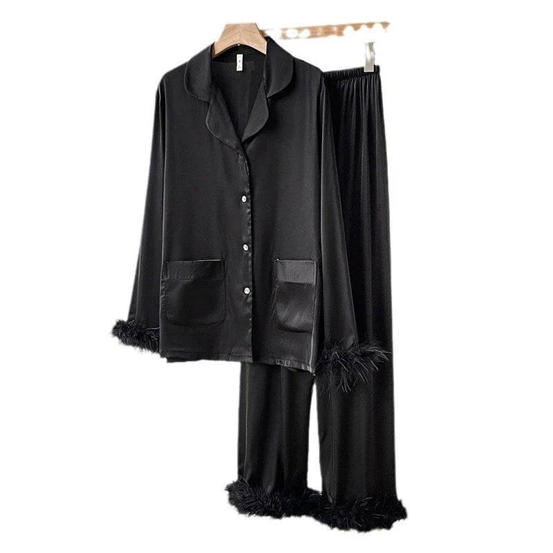 Luxury Silky Satin Pajamas with Feather Female 2PCS Long Sleeve Cardigan+Pants Pijamas Suit 2025 New Home Clothes Sleepwear