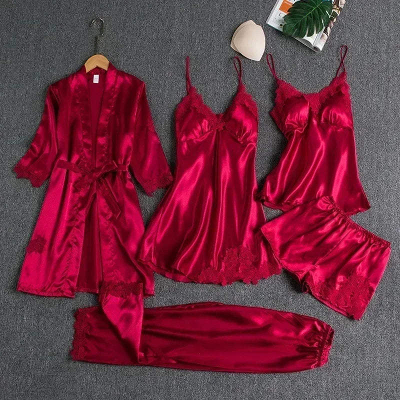 5-Piece Set of Women'S Sleepwear Sexy Silk Nightgown Lace Satin Nightgown V-Neck Vest Breathable Comfortable Women'S Nightgown
