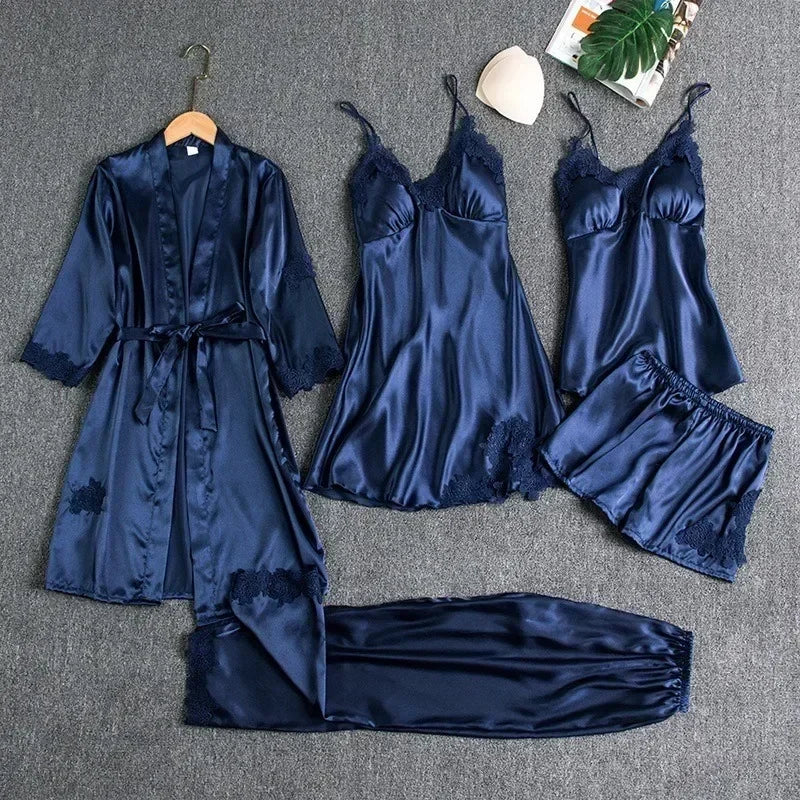 5-Piece Set of Women'S Sleepwear Sexy Silk Nightgown Lace Satin Nightgown V-Neck Vest Breathable Comfortable Women'S Nightgown