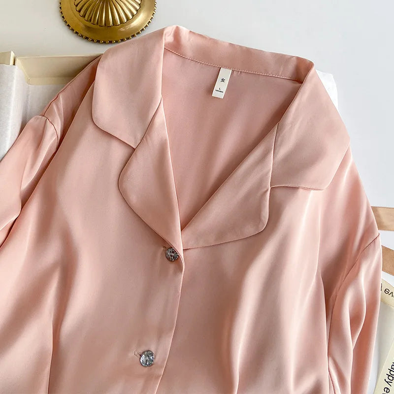 Luxury Silky Satin Pajamas with Feather Female 2PCS Long Sleeve Cardigan+Pants Pijamas Suit 2025 New Home Clothes Sleepwear