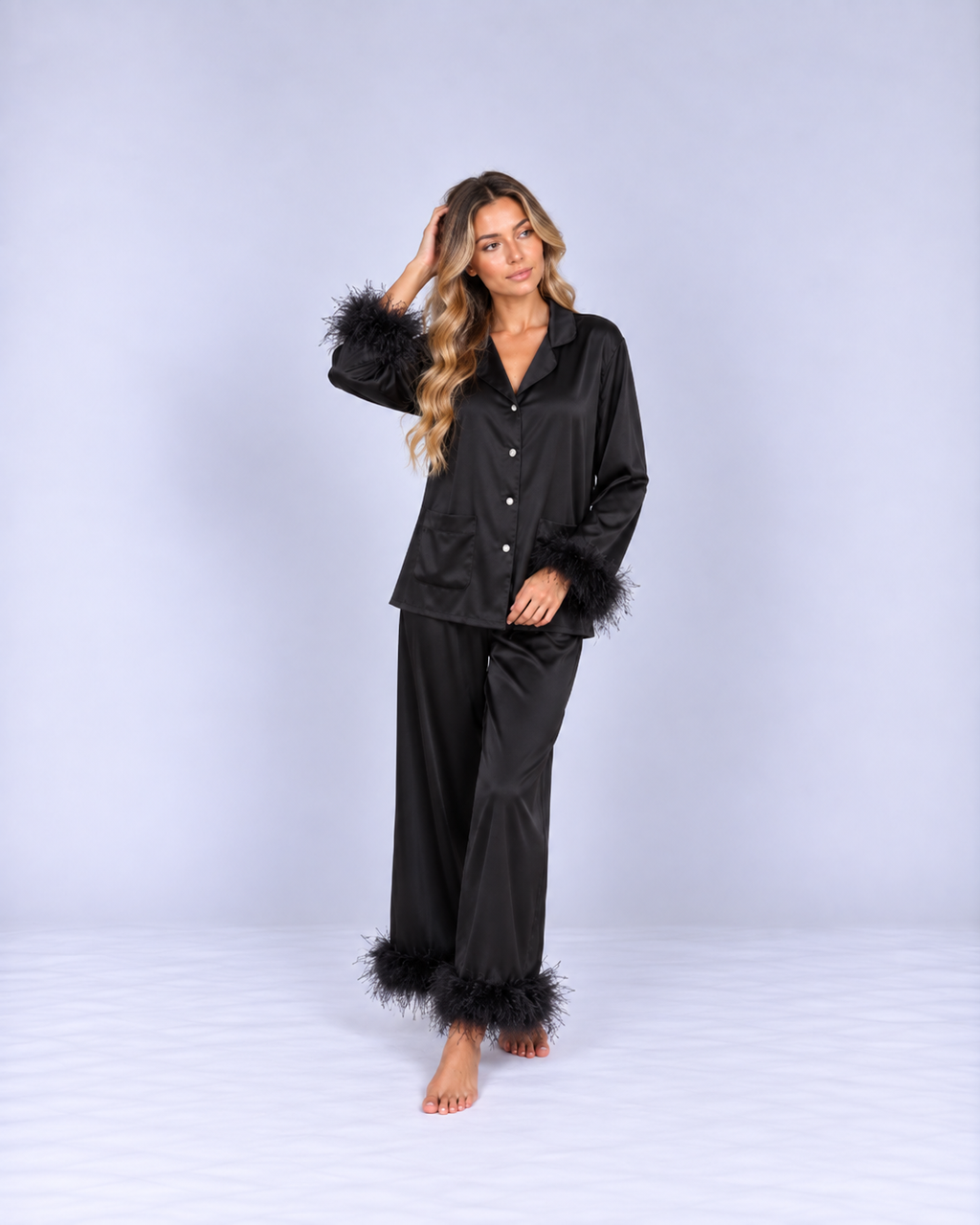 Luxury Satin Pajama Set with Feather Trim – Elegant Long-Sleeve Cardigan & Relaxed Pants Sleepwear