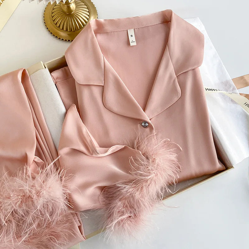 Luxury Silky Satin Pajamas with Feather Female 2PCS Long Sleeve Cardigan+Pants Pijamas Suit 2025 New Home Clothes Sleepwear