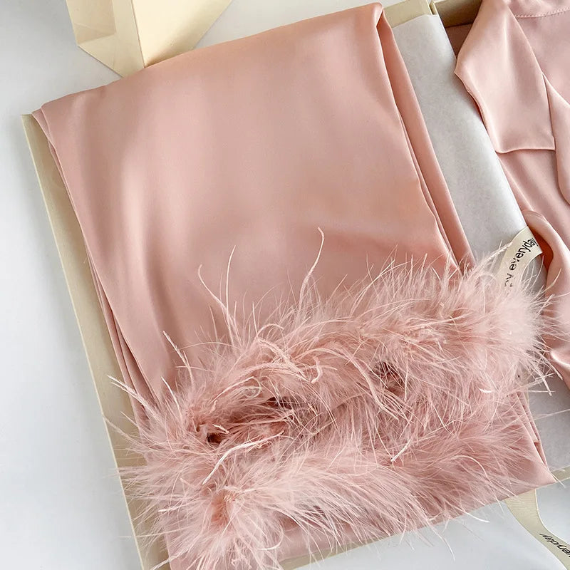 Luxury Silky Satin Pajamas with Feather Female 2PCS Long Sleeve Cardigan+Pants Pijamas Suit 2025 New Home Clothes Sleepwear