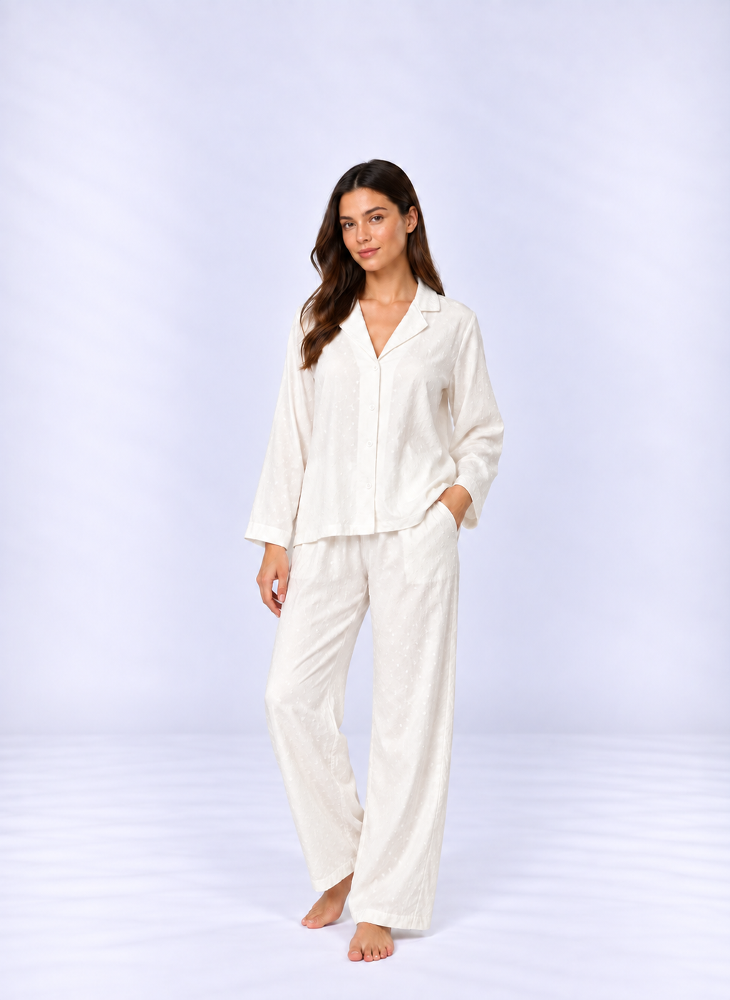 Elegant White Jacquard Pajama Set – Lapel Button-Up Shirt & Relaxed Pants