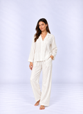 Elegant White Jacquard Pajama Set – Lapel Button-Up Shirt & Relaxed Pants