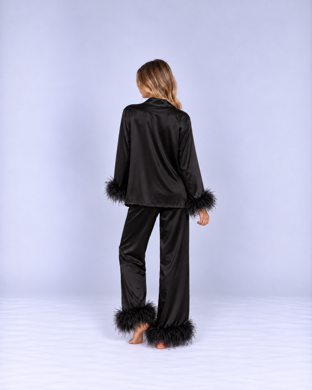 Luxury Satin Pajama Set with Feather Trim – Elegant Long-Sleeve Cardigan & Relaxed Pants Sleepwear