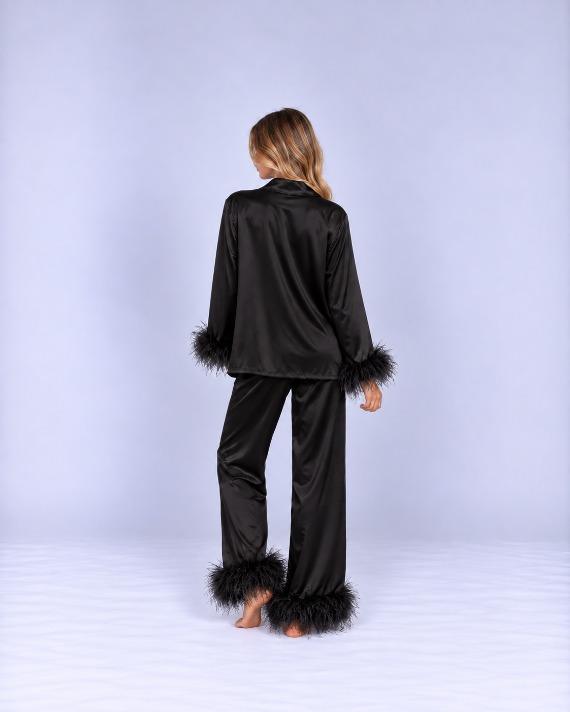 Luxury Satin Pajama Set with Feather Trim – Elegant Long-Sleeve Cardigan & Relaxed Pants Sleepwear